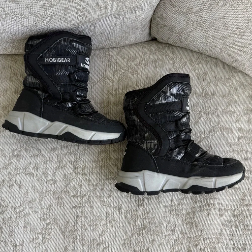 Hobibear Kids Winter Snow Boots Gray Camo Faux Fur Lined Size EU 30 US 12.5 EUC